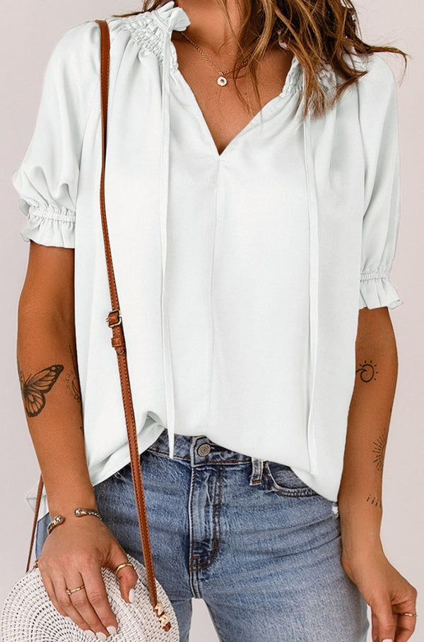 Cerulean Split Frill Neck Puff Sleeve Blouse - Rebel Nomad