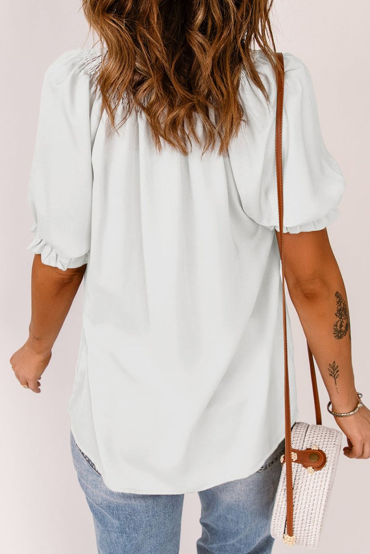 Cerulean Split Frill Neck Puff Sleeve Blouse - Rebel Nomad