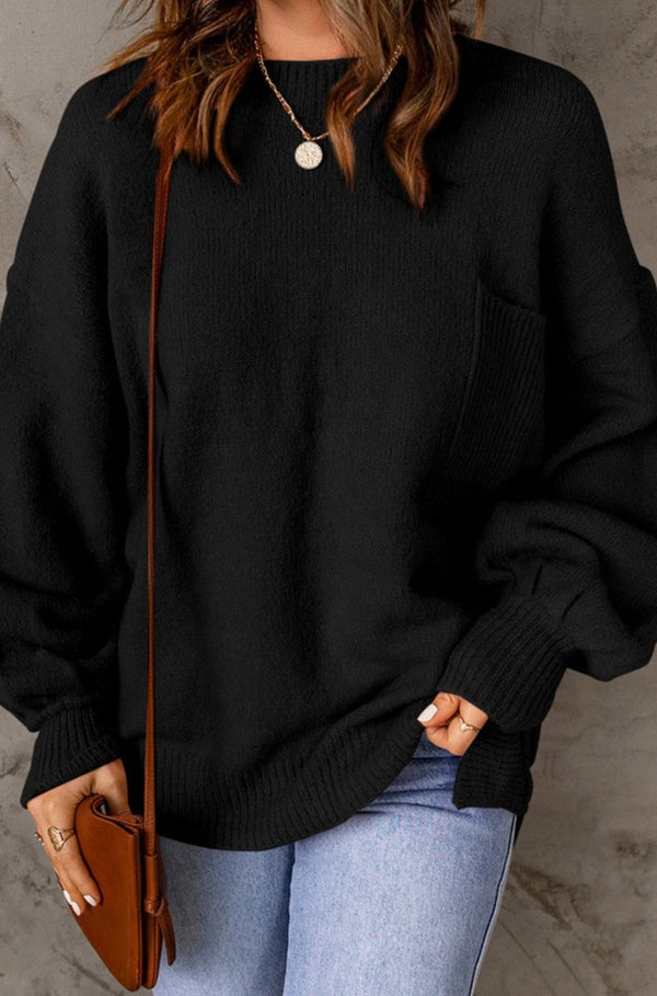 Chang Solid Color Puffy Sleeve Pocketed Sweater - Rebel Nomad