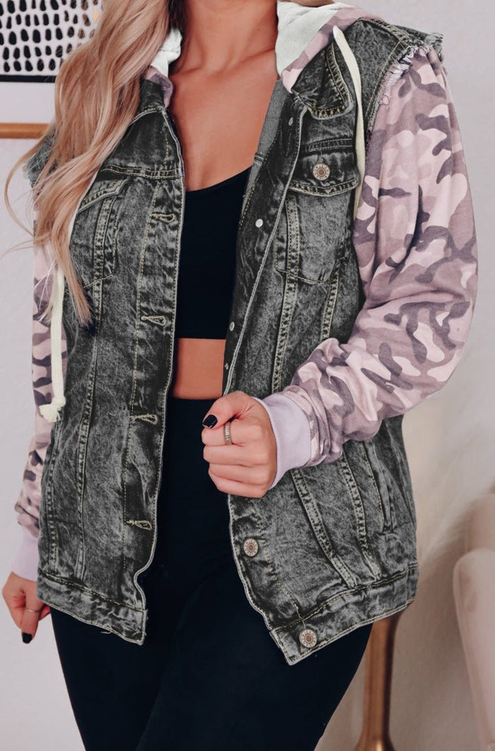 Charlyn Camo Sleeve Hooded Buttoned Denim Jacket - Rebel Nomad