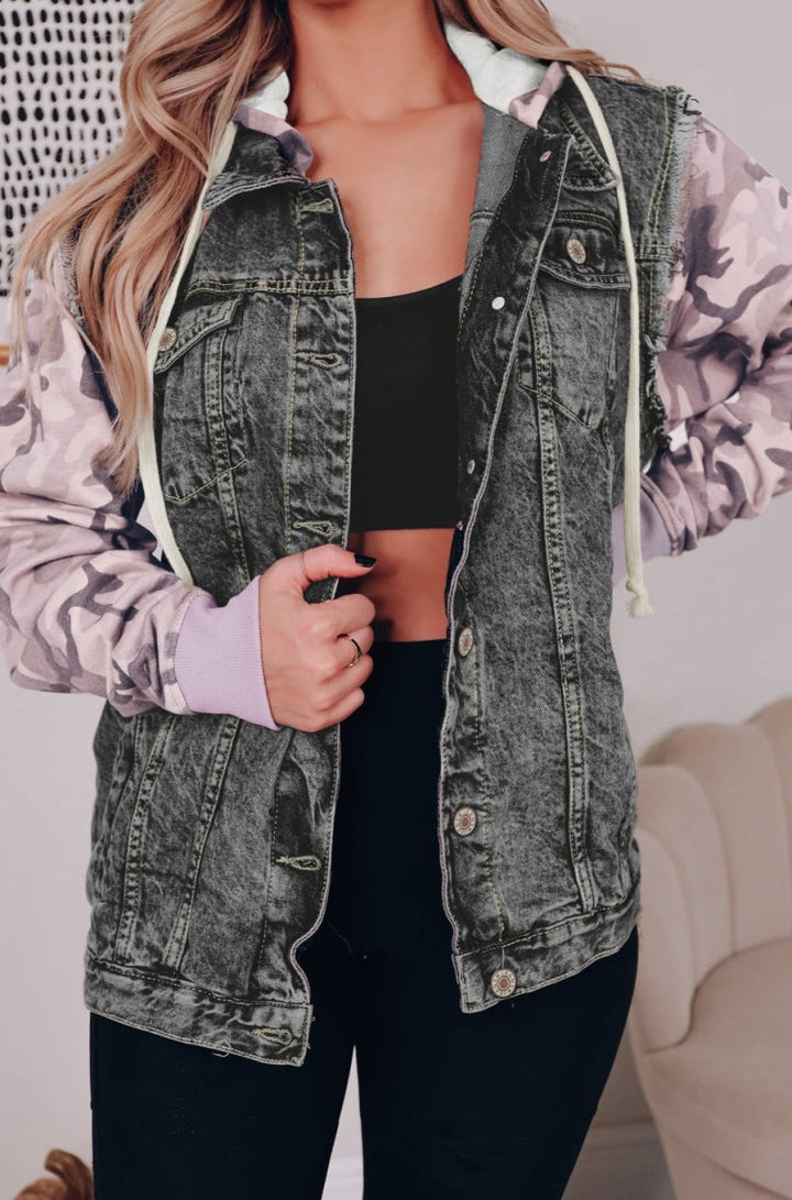 Charlyn Camo Sleeve Hooded Buttoned Denim Jacket - Rebel Nomad