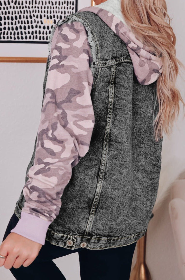 Charlyn Camo Sleeve Hooded Buttoned Denim Jacket - Rebel Nomad