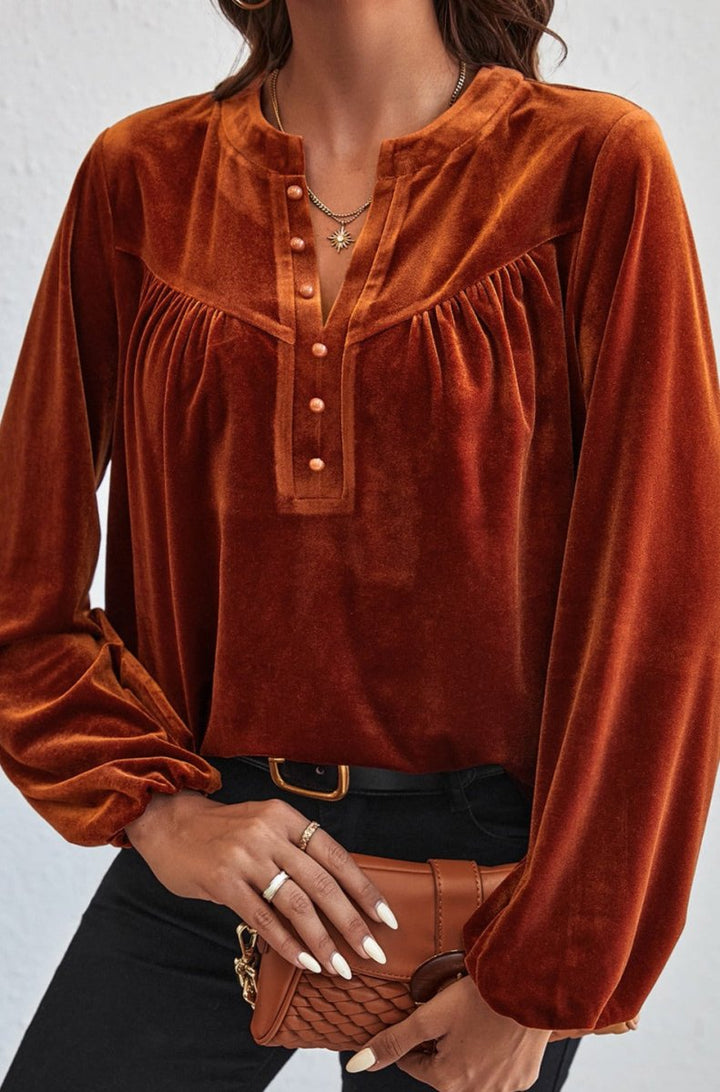 Charmain Lantern Sleeve Beaded Split V Neck Velvet Top - Rebel Nomad