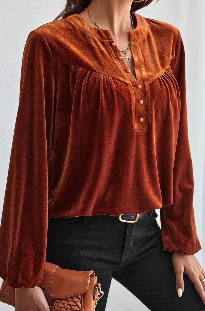 Charmain Lantern Sleeve Beaded Split V Neck Velvet Top - Rebel Nomad