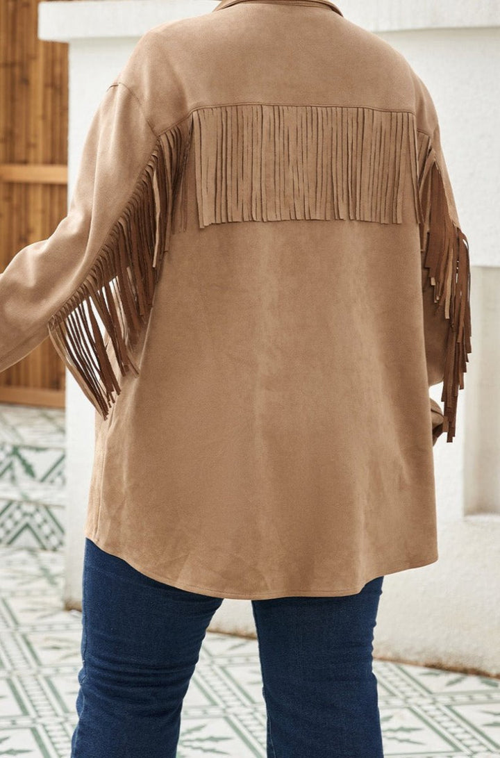 Cherie Fringe Trim Plus Size Suede Shacket - Rebel Nomad