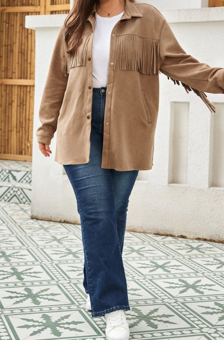 Cherie Fringe Trim Plus Size Suede Shacket - Rebel Nomad