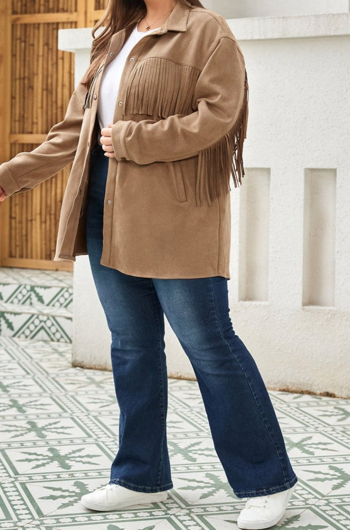 Cherie Fringe Trim Plus Size Suede Shacket - Rebel Nomad