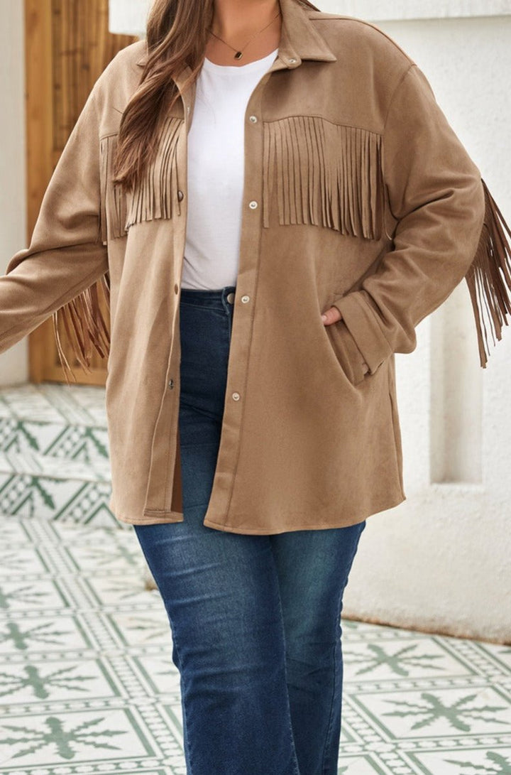 Cherie Fringe Trim Plus Size Suede Shacket - Rebel Nomad