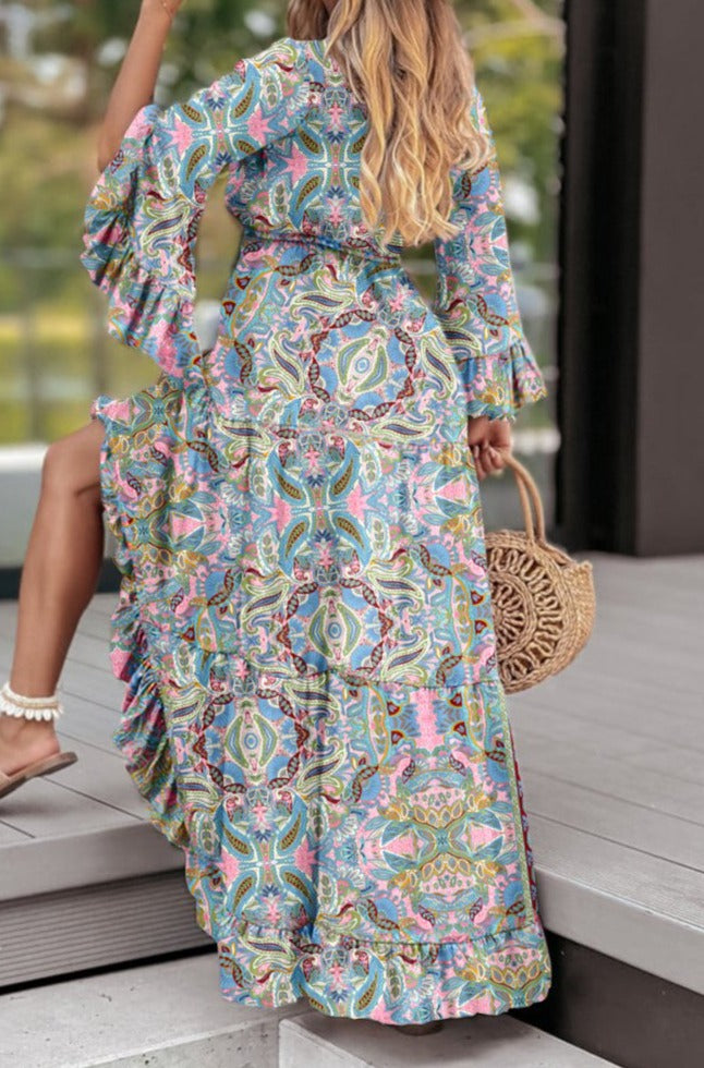 Christine Paisley Ruffle Trim Elegant Maxi Dress - Rebel Nomad