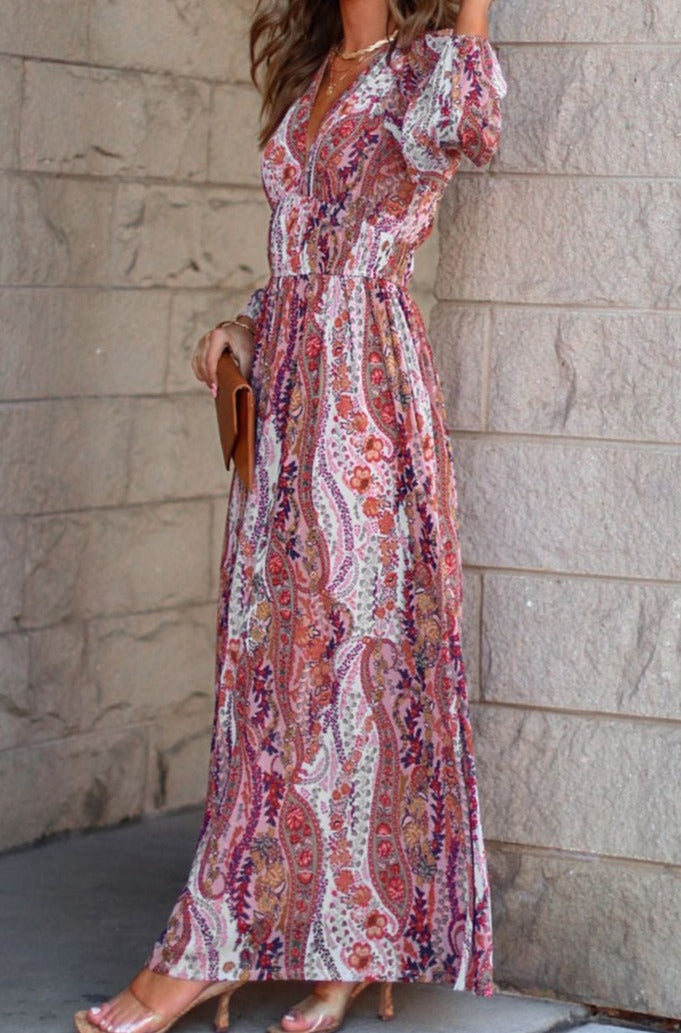 Cierra Boho Paisley Print V Neck Empire Waist Maxi Dress - Rebel Nomad