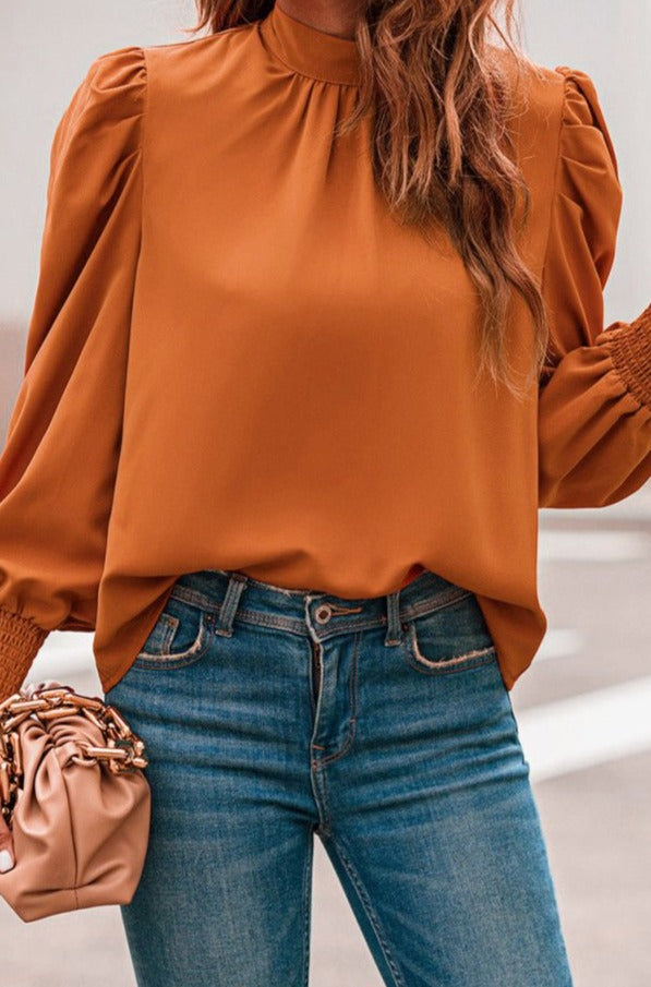 Clara Long Bubble Sleeve Mock Neck Chiffon Blouse - Rebel Nomad