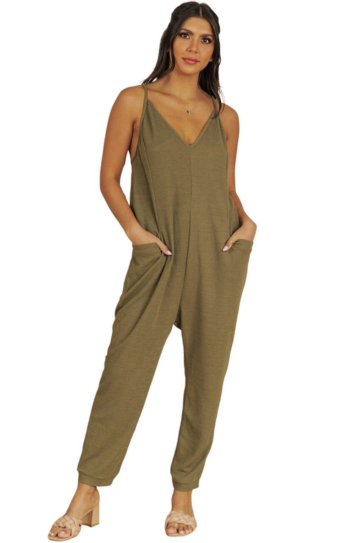 Clare Textured Sleeveless V-Neck Pocketed Casual Jumpsuit - Rebel Nomad