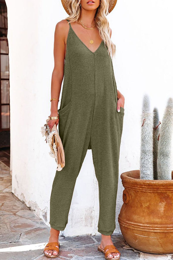 Clare Textured Sleeveless V-Neck Pocketed Casual Jumpsuit - Rebel Nomad