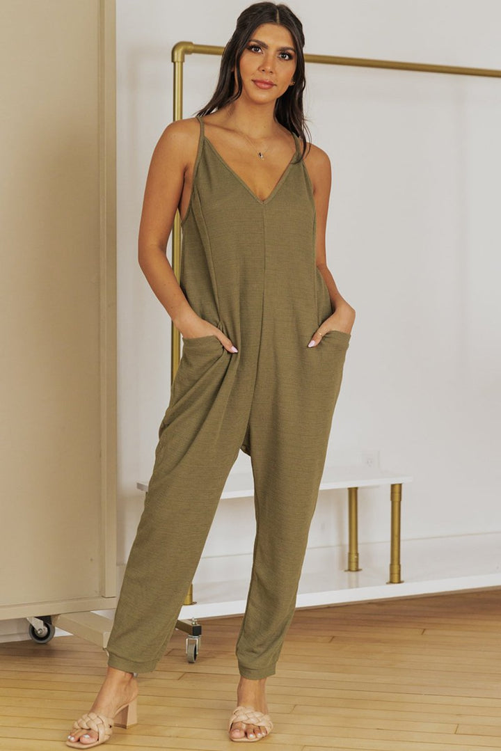 Clare Textured Sleeveless V-Neck Pocketed Casual Jumpsuit - Rebel Nomad