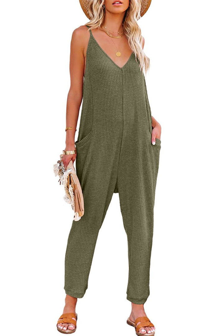 Clare Textured Sleeveless V-Neck Pocketed Casual Jumpsuit - Rebel Nomad