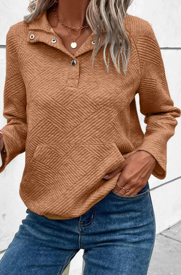Claudia Textured Knit Buttoned Kangaroo Pocket Sweatshirt - Rebel Nomad