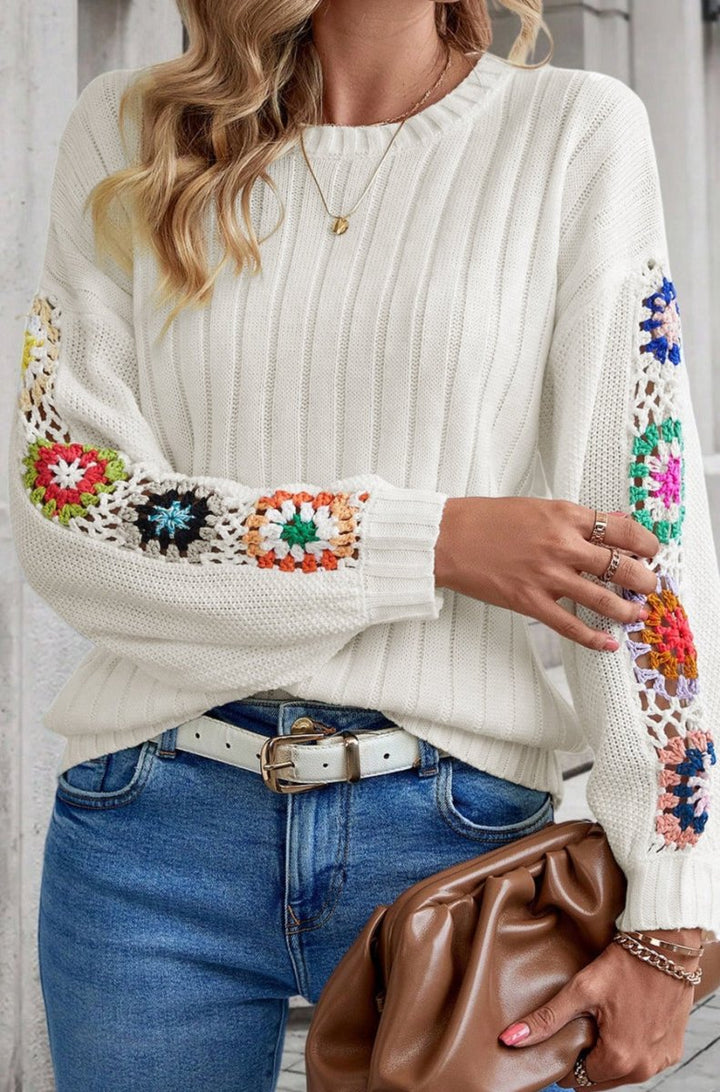 Corliss Floral Crochet Sleeve Ribbed Knit Sweater - Rebel Nomad