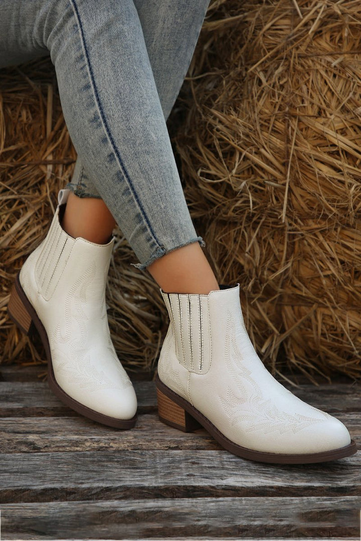 Dallas Embroidered Leather Thick Heel Booties - Rebel Nomad