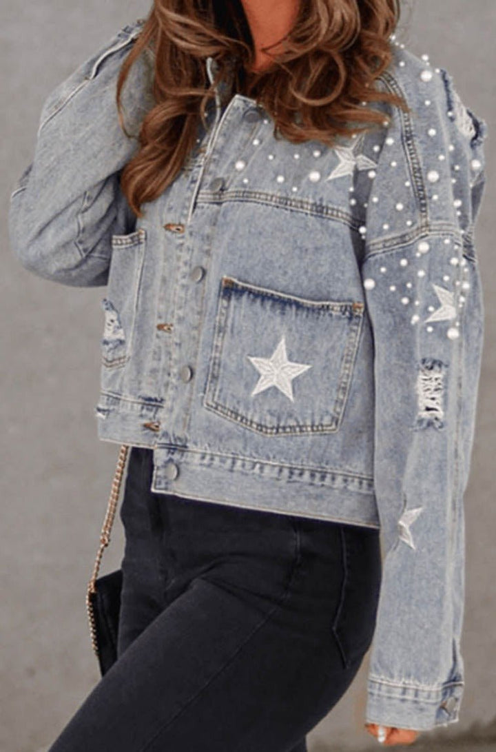 Danyelle Distressed Pearls Star Cropped Denim Jacket - Rebel Nomad