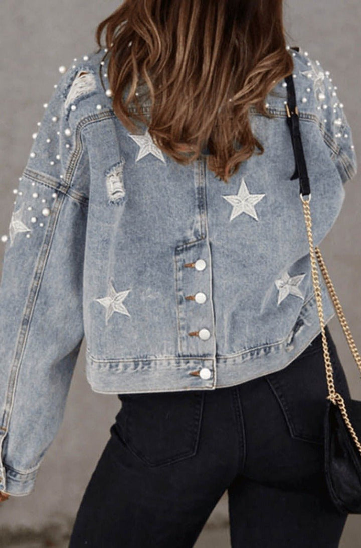 Danyelle Distressed Pearls Star Cropped Denim Jacket - Rebel Nomad