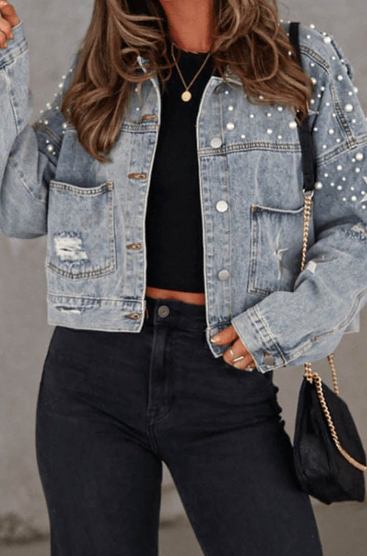 Danyelle Distressed Pearls Star Cropped Denim Jacket - Rebel Nomad