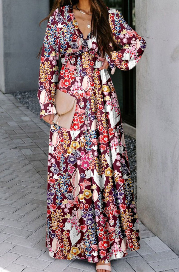 Daphine V Neck Floral Print Empire Waist Maxi Dress - Rebel Nomad