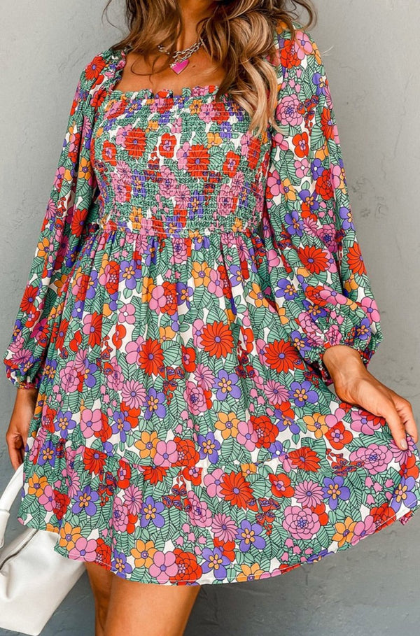 Darleen Floral Smocked Bust Square Neck Ruffled Dress - Rebel Nomad