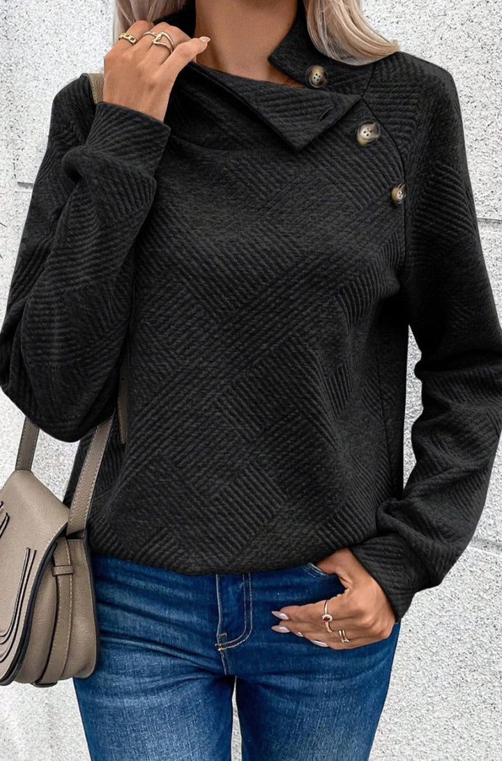 Deanna Asymmetric Buttons Detail High Neck Textured Sweatshirt - Rebel Nomad