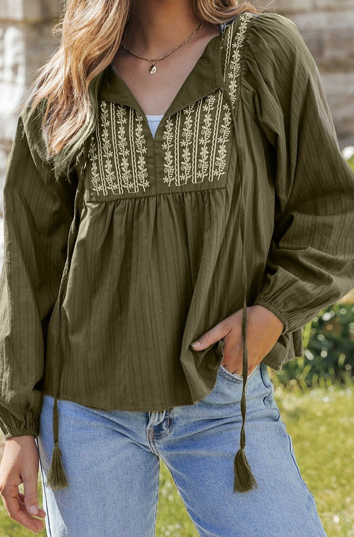 Deb Embroidered Split Neck Pleated Loose Blouse - Rebel Nomad