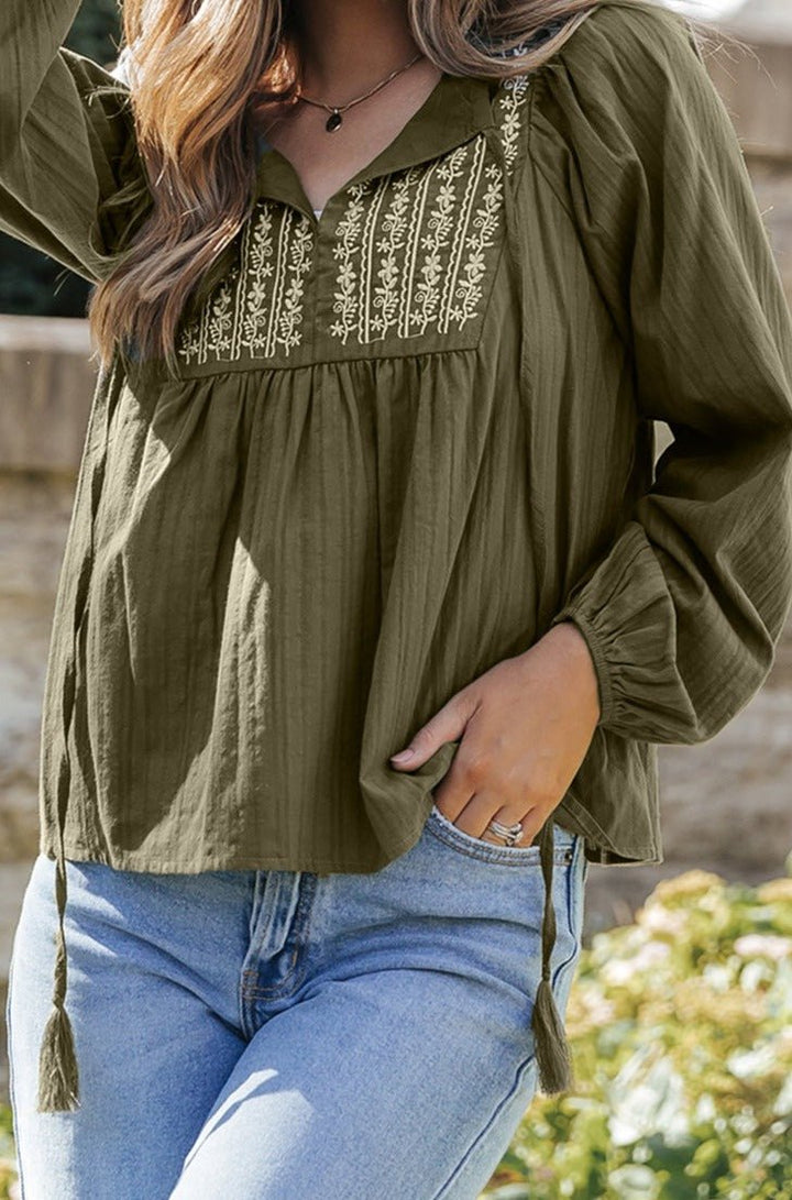 Deb Embroidered Split Neck Pleated Loose Blouse - Rebel Nomad