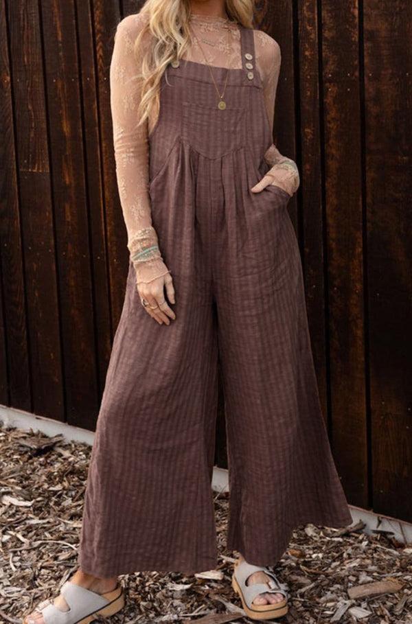 Debbie Striped Pleated Wide Leg Pocketed Jumpsuit - Rebel Nomad