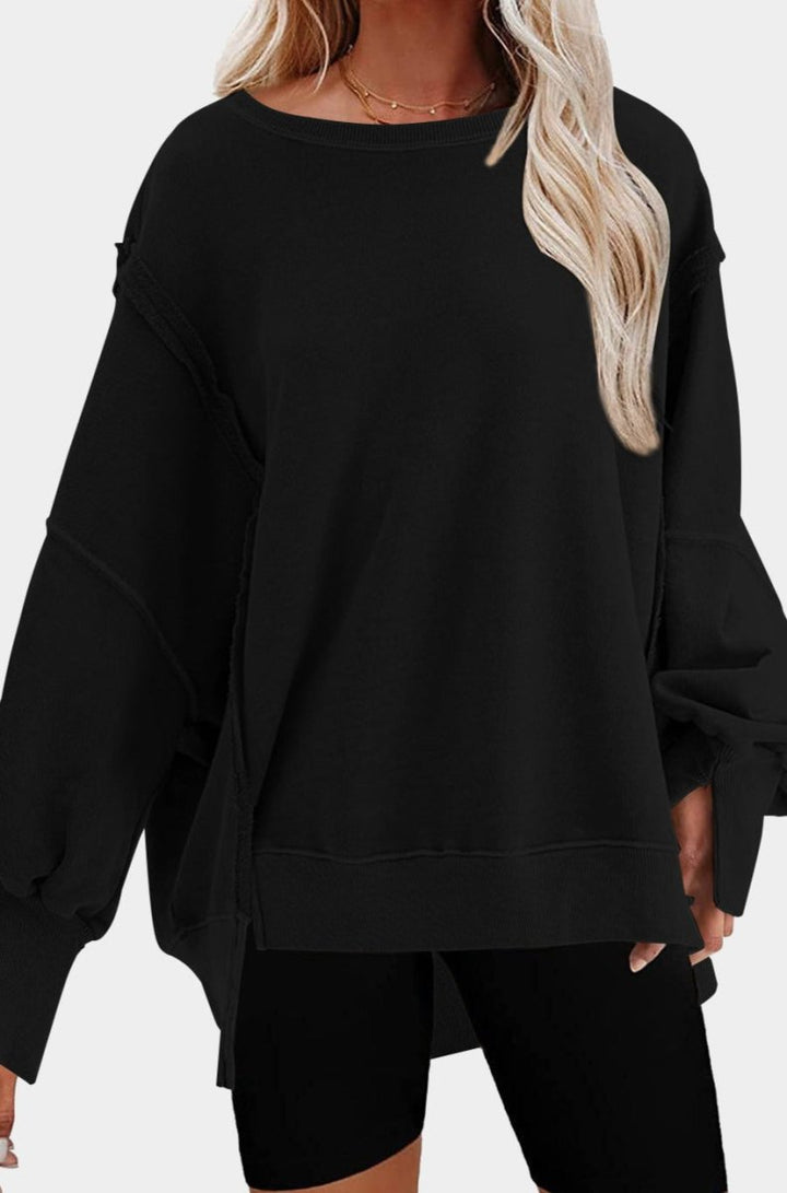 Debrah Exposed Seam Drop Shoulder Slit High Low Hem Sweatshirt - Rebel Nomad