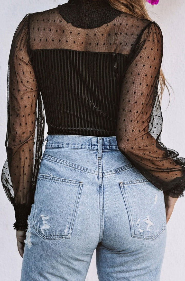 Deidra Sheer Dotty Long Sleeve Ribbed Velvet Bodysuit - Rebel Nomad