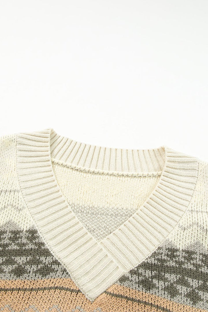 Delinda Geometric Print Ribbed Knitted V Neck Sweater - Rebel Nomad