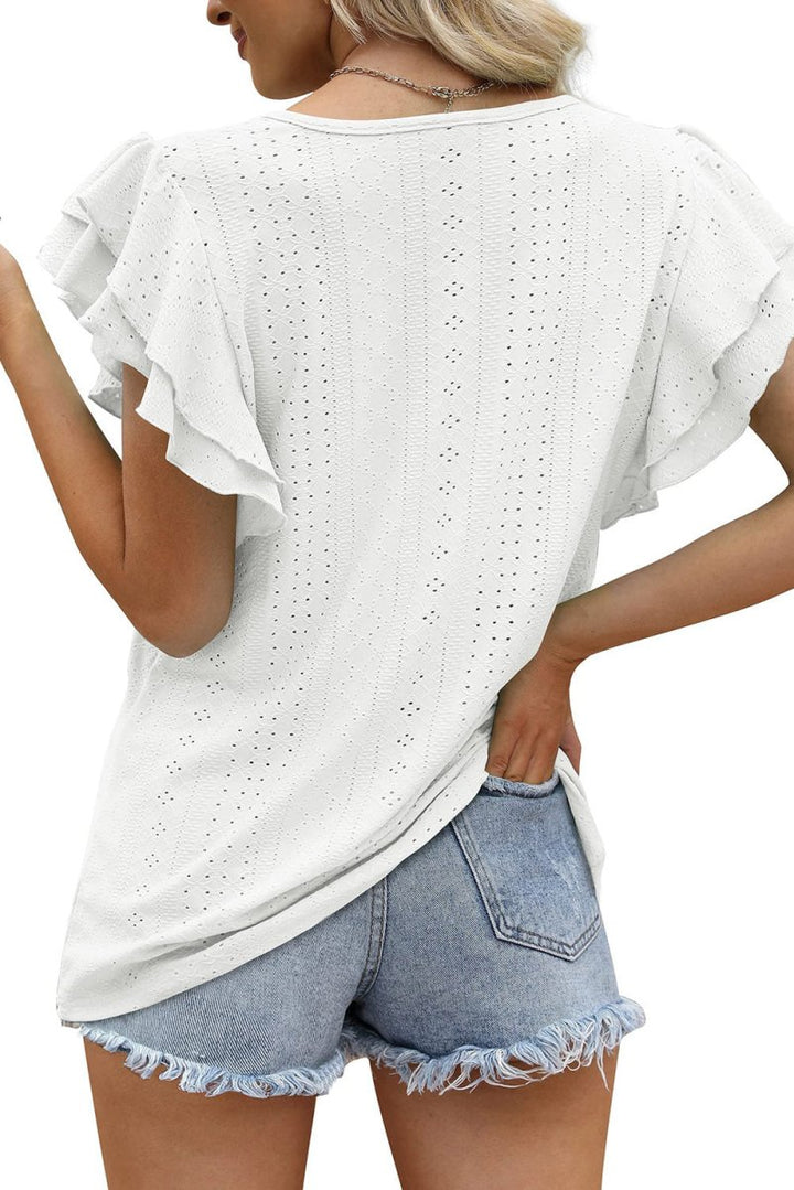 Delphine Rhombus Textured Ruffle Short Sleeve Blouse - Rebel Nomad