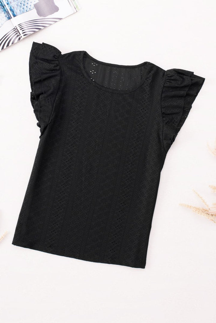 Delphine Rhombus Textured Ruffle Short Sleeve Blouse - Rebel Nomad