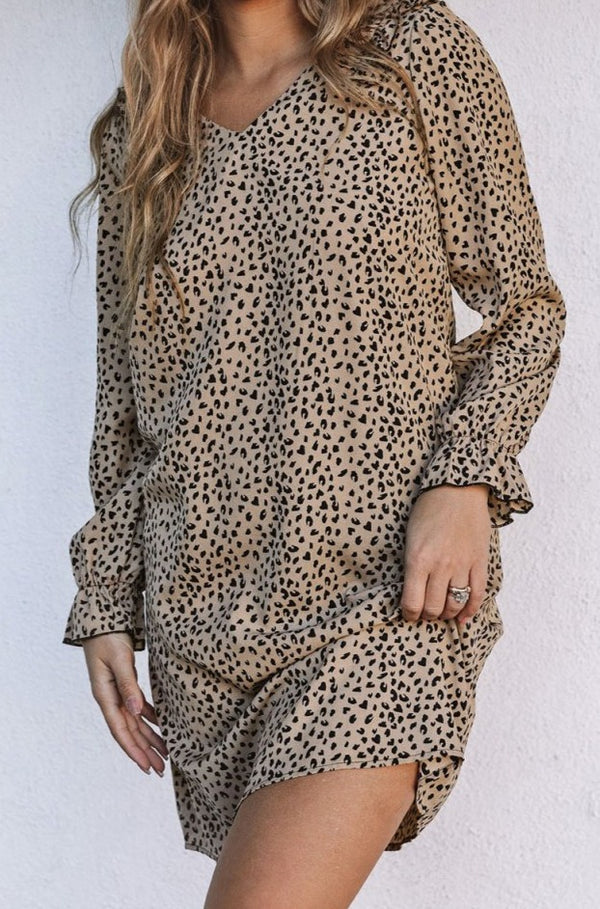 Demi Leopard Frill Trim V Neck Dress - Rebel Nomad
