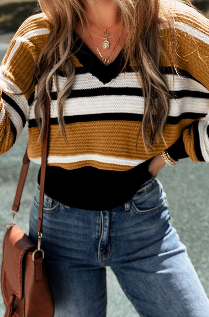 Dennise Contrast Stripes V Neck Textured Knit Sweater - Rebel Nomad