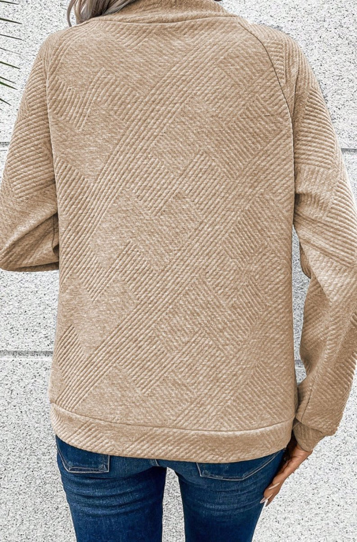 Dessie Asymmetric Buttons Detail High Neck Textured Sweatshirt - Rebel Nomad