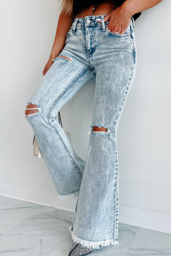 Diamanté Distressed Acid Wash Flare Jeans - Rebel Nomad