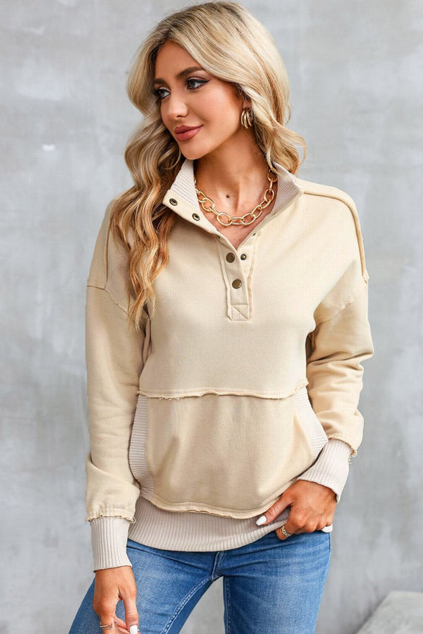 Diedra Ribbed Hem Snap Button Neckline Sweatshirt with Pocket - Rebel Nomad