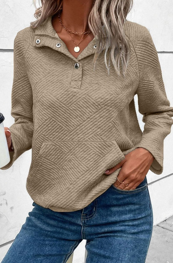 Dierdre Textured Knit Buttoned Kangaroo Pocket Sweatshirt - Rebel Nomad