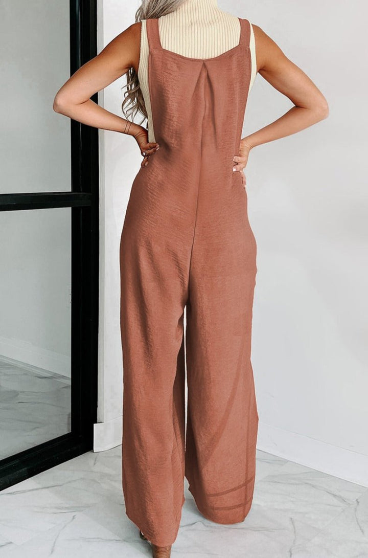 Doris Textured Buttoned Straps Ruched Wide Leg Jumpsuit - Rebel Nomad