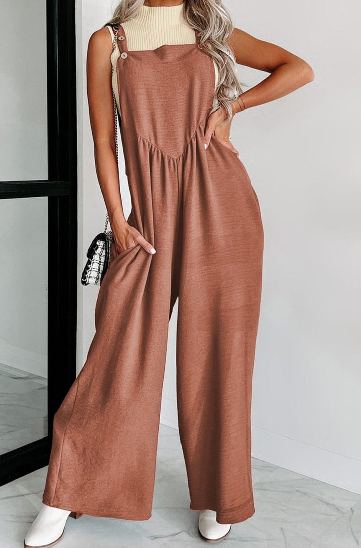 Doris Textured Buttoned Straps Ruched Wide Leg Jumpsuit - Rebel Nomad