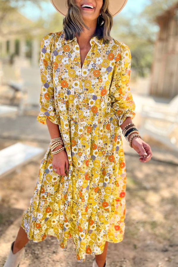 Edris Boho Floral Collared Long Sleeve Ruffled Dress - Rebel Nomad