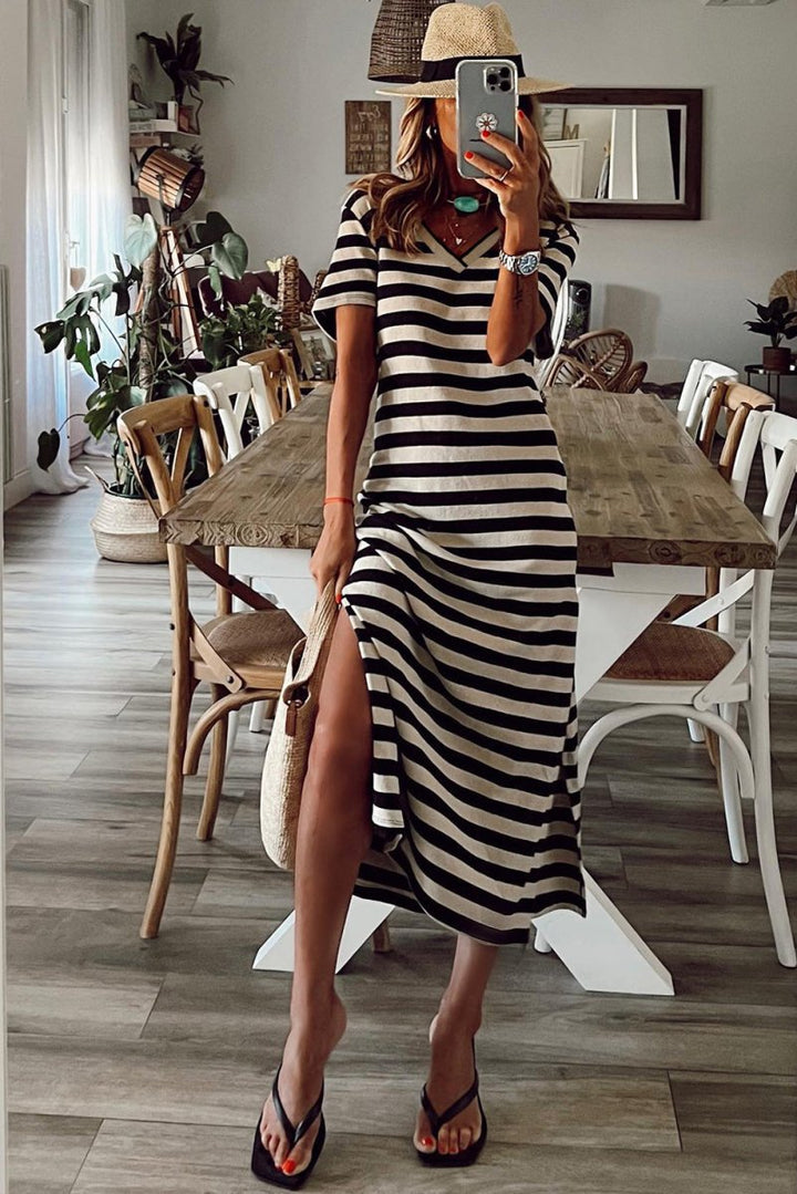 Elariah Stripe Print V Neck Maxi Dress with Side Splits - Rebel Nomad
