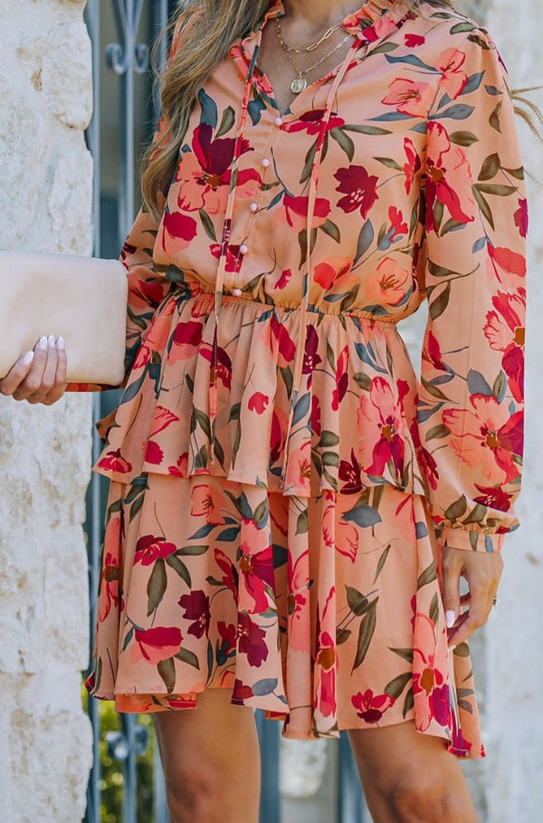 Elation Frilled Collar Long Sleeve Floral Dress with Ruffle - Rebel Nomad