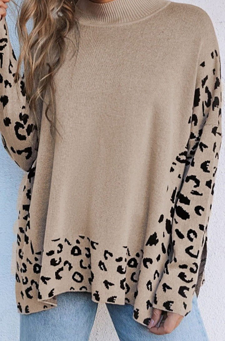 Elida Leopard High Neck Side Slit Oversized Sweater - Rebel Nomad