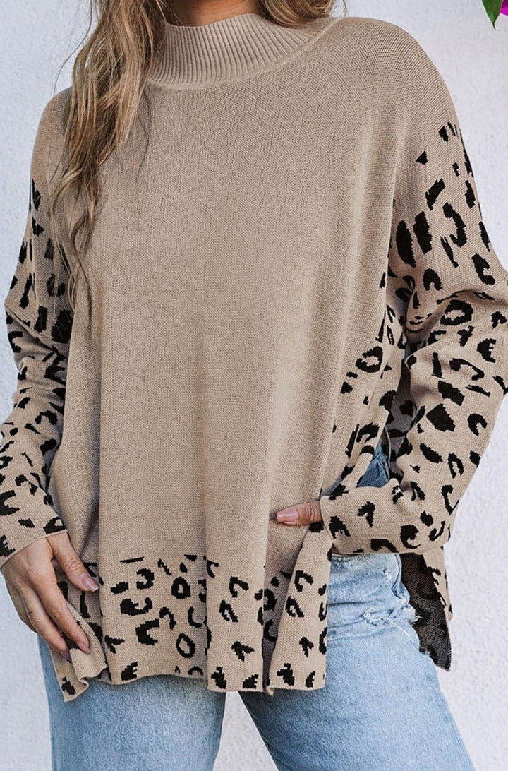 Elida Leopard High Neck Side Slit Oversized Sweater - Rebel Nomad