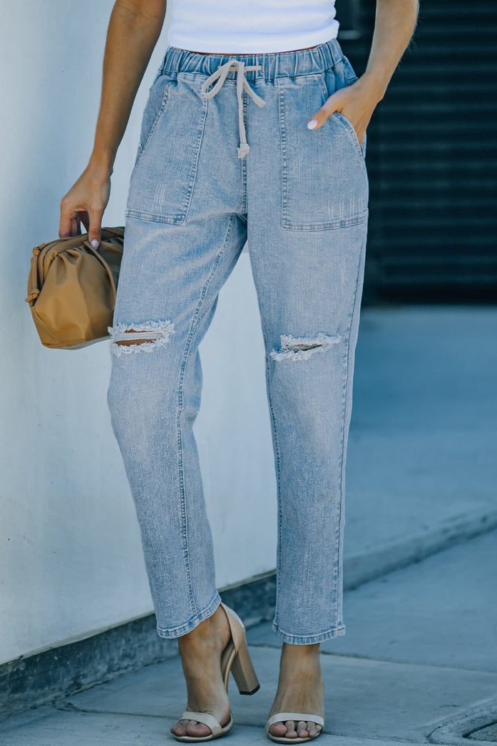 Eliona Gather Round Distressed Pocketed Denim Jogger - Rebel Nomad